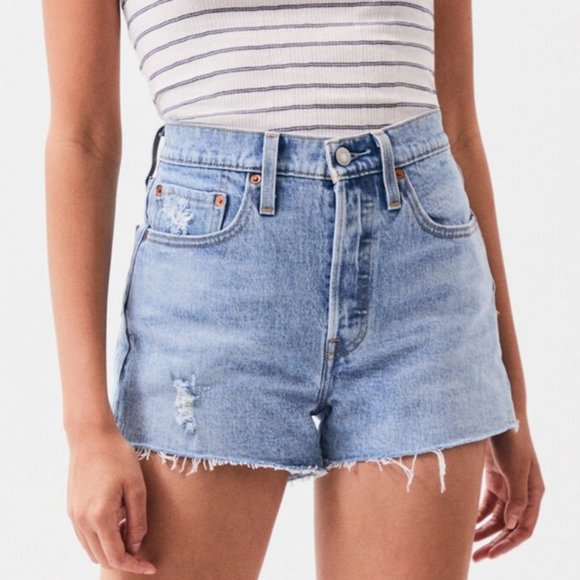 Levi's 501 High Rise Shorts Distressed Stretch Denim Button Fly Tango Light Wash - Picture 1 of 7